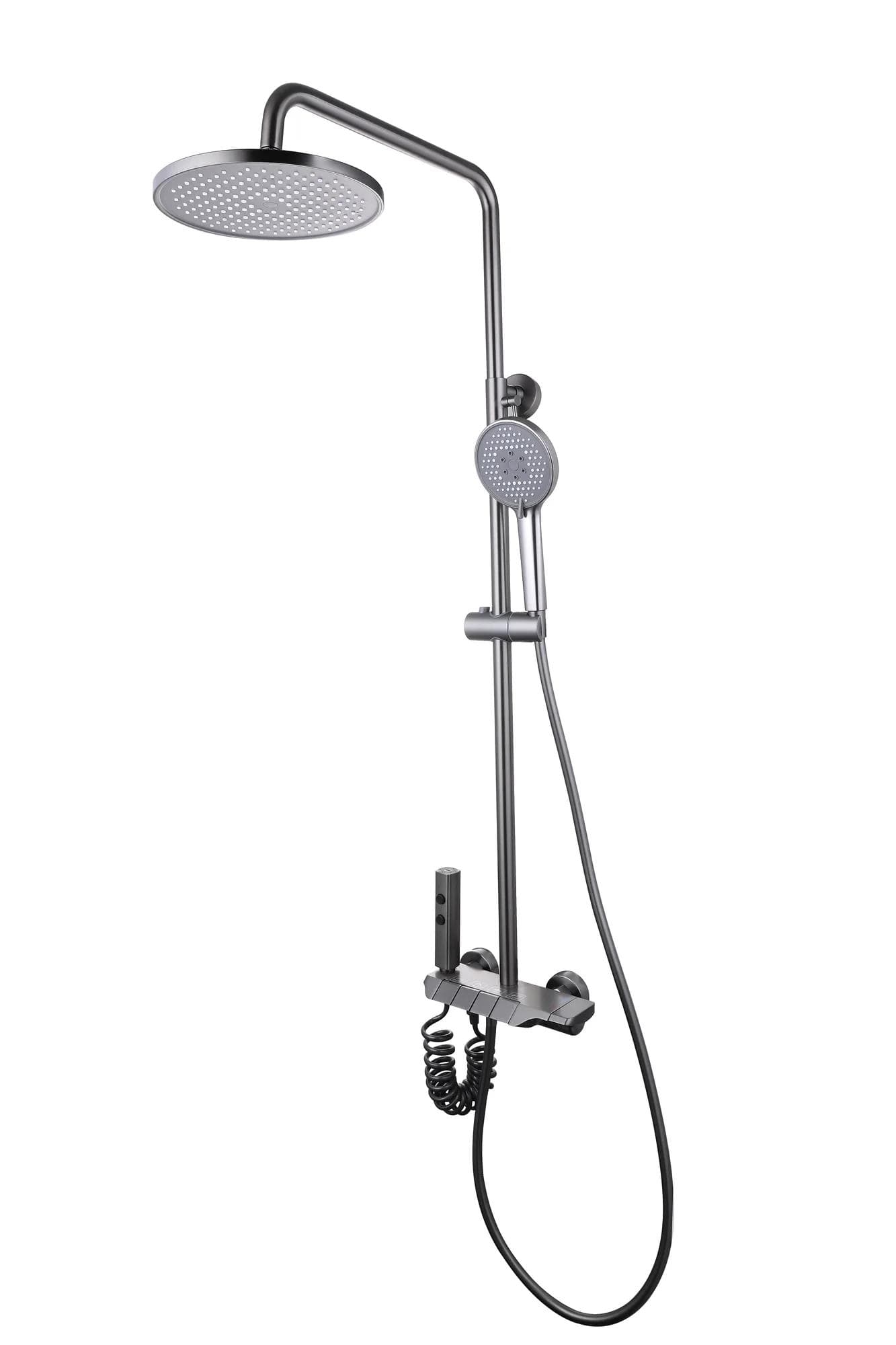 F1200 dark brushed exposed stainless steel shower system on white background