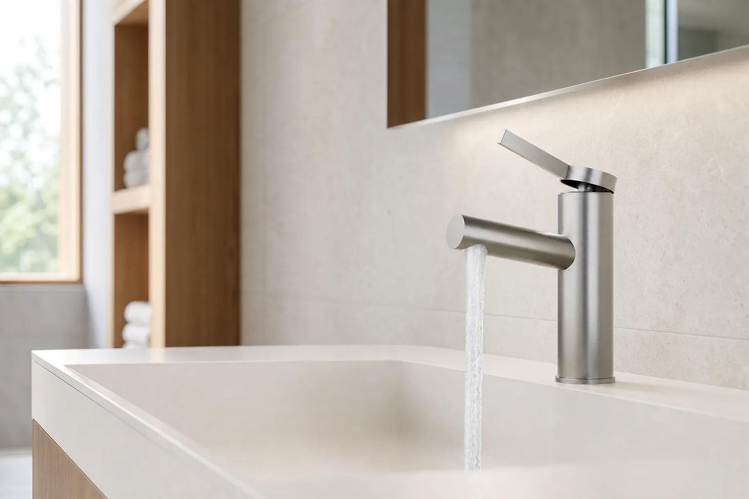 Brushed stainless steel B1-210 bathroom faucet in a hotel bathroom