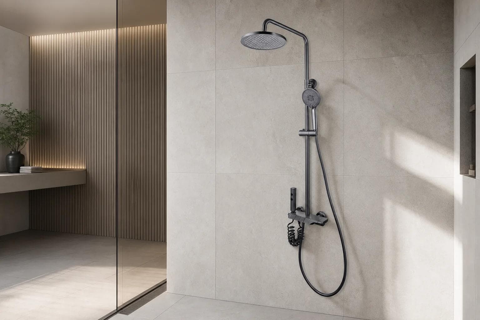 F1200 exposed shower system in a contemporary hotel bathroom