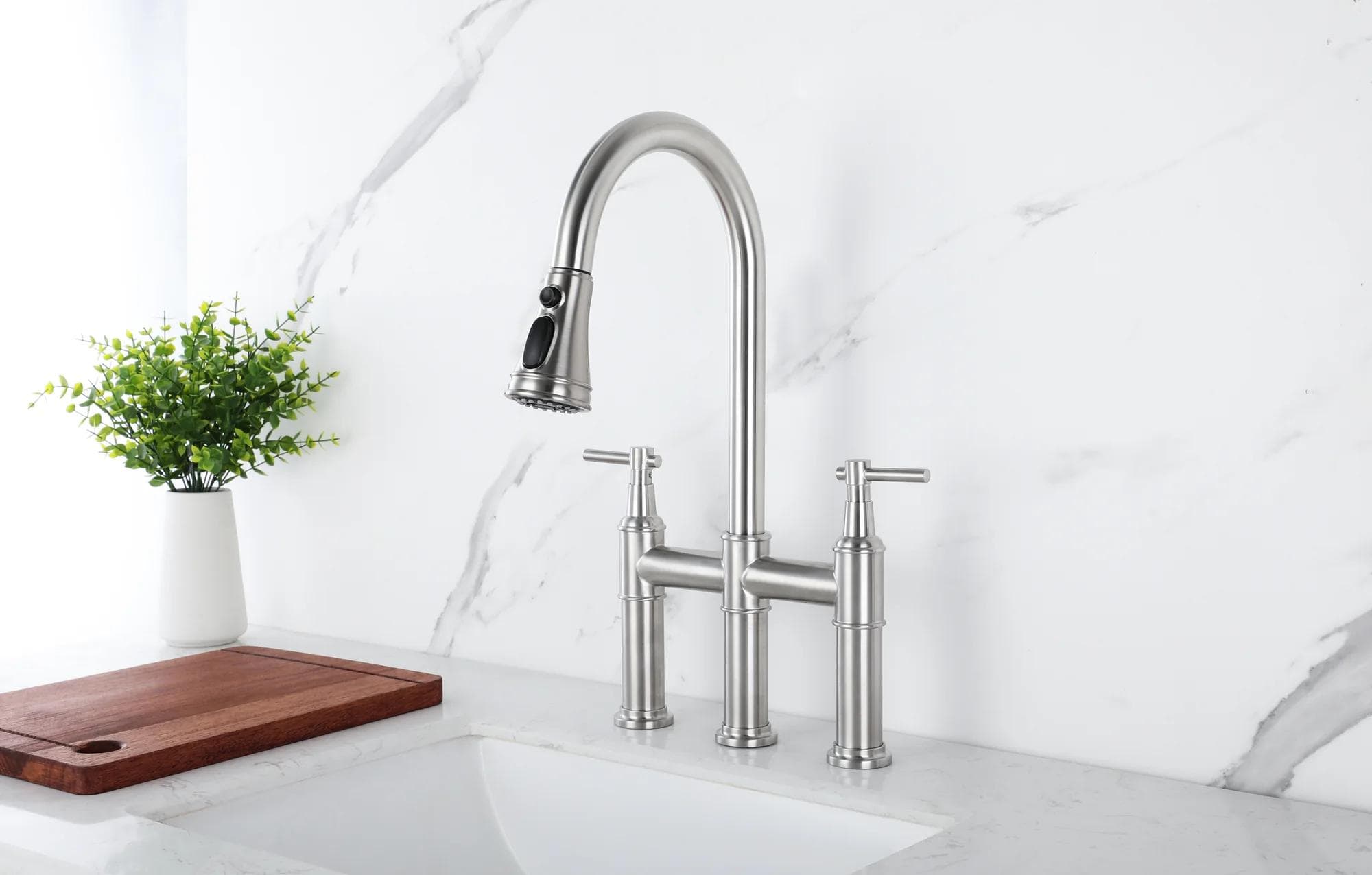 QSC-002 brushed stainless steel bridge pull-down kitchen faucet