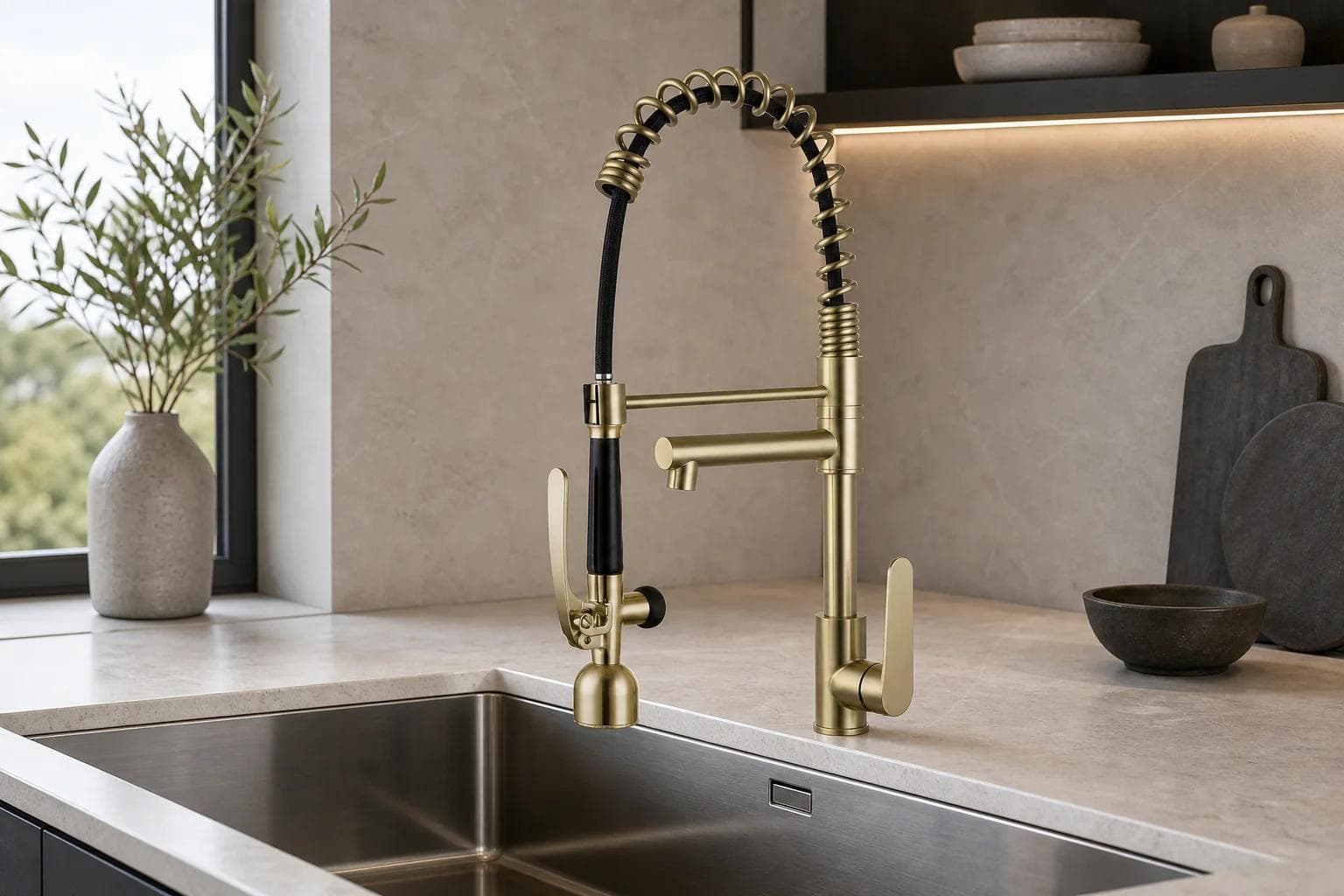 C2-375 brushed gold LED pre-rinse faucet installed in a modern kitchen