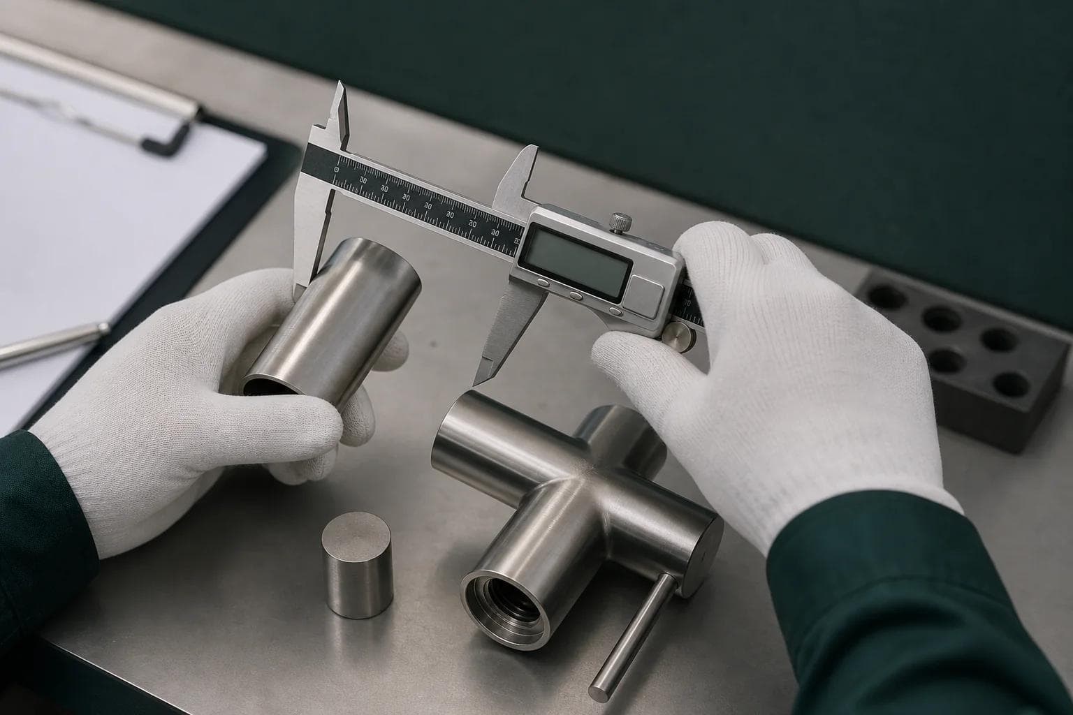 Concept image illustrating dimensional inspection of stainless steel faucet components