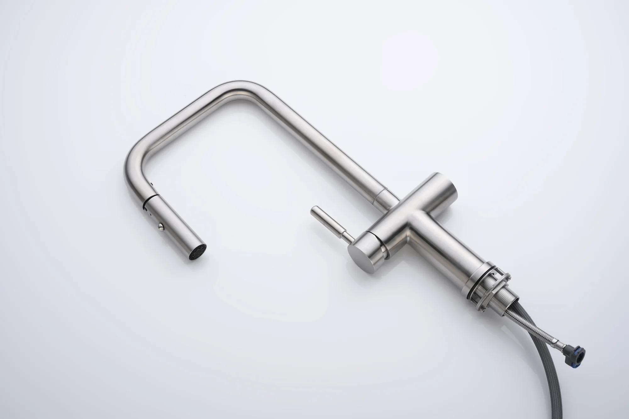C2-320 brushed stainless steel pull-out kitchen faucet on white background