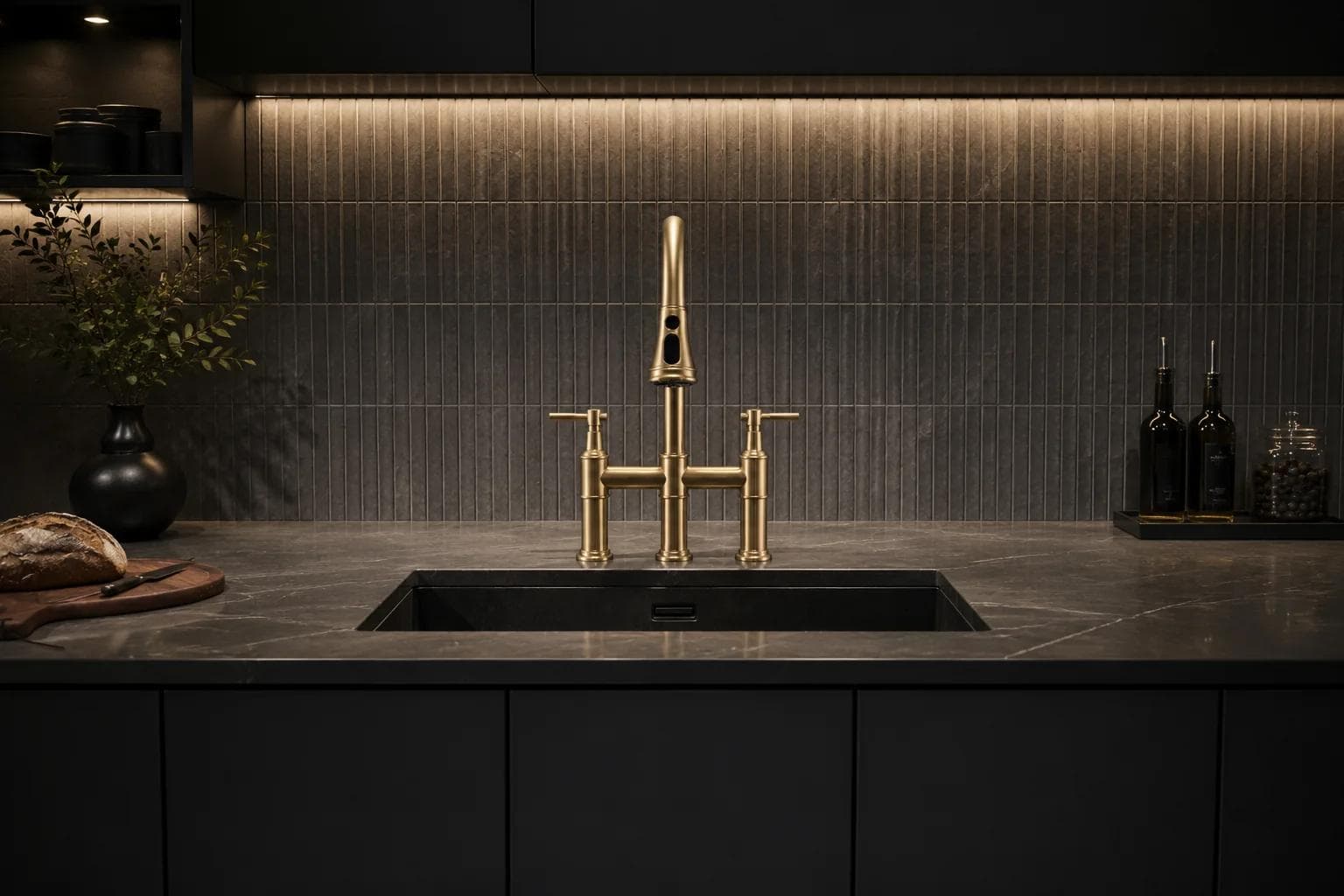 QSC-002 brushed gold bridge pull-down faucet installed in a premium kitchen